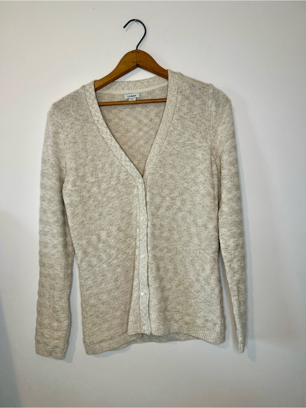 LL Bean Cotton Blend Ribbed Cardigan Sweater Womens Small Oatmeal Coastal
